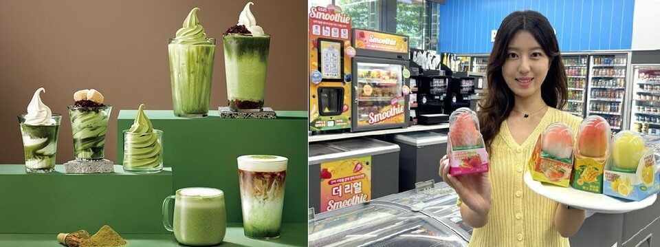 폴바셋 '제주산 햇말차 메뉴' 7종과 GS25 '프로즌 소르베' 제품들. (사진=각 사)