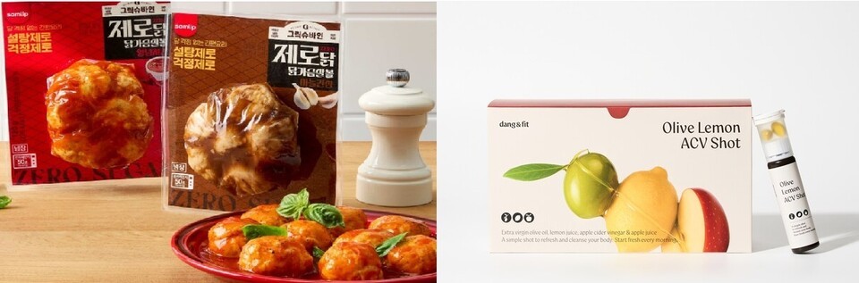 SPC삼립 '제로닭 닭가슴살볼' 2종과 일화 '올리브 레몬 애사비샷'. (사진=각 사)