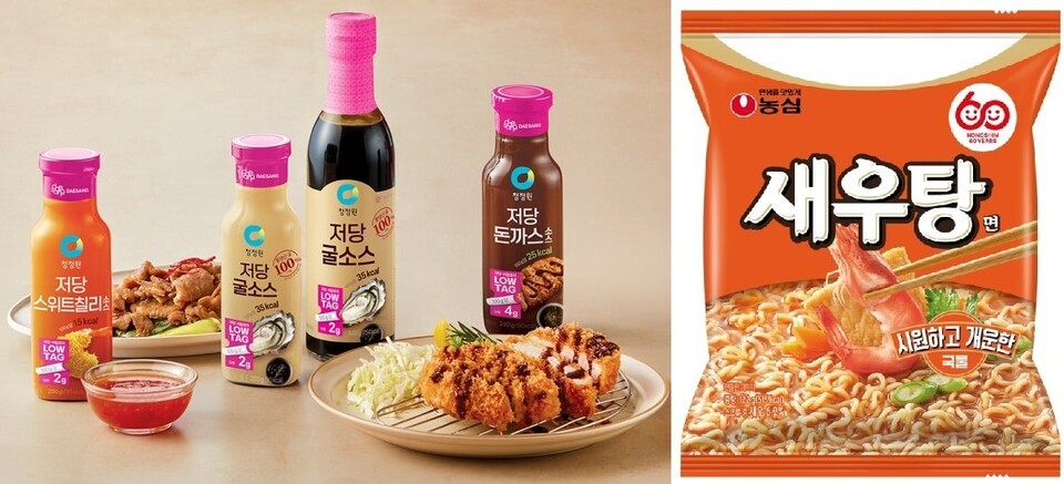 청정원 '로우태그 저당 소스' 3종과 농심 '새우탕면'. (사진=각 사)