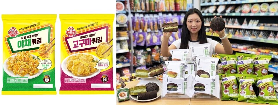오뚜기 '야채·고구마 튀김'과 CU가 선보이는 말차 디저트·막걸리. (사진=각 사)