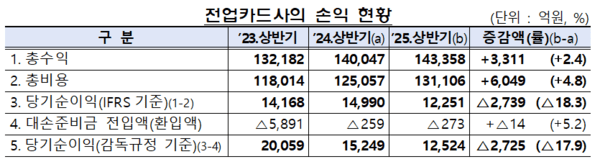 2025년 상반기 전업 카드사 손익 현황. (사진=금감원)