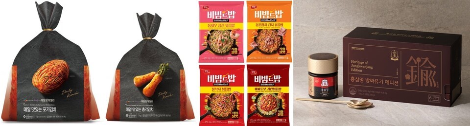 CJ제일제당X컬리와 협업 포기김치&총각김치와 동원F&B '양반 비빔드밥 냉동볶음밥', 정관장 '홍삼정 방짜유기 에디션'. (사진=각 사)