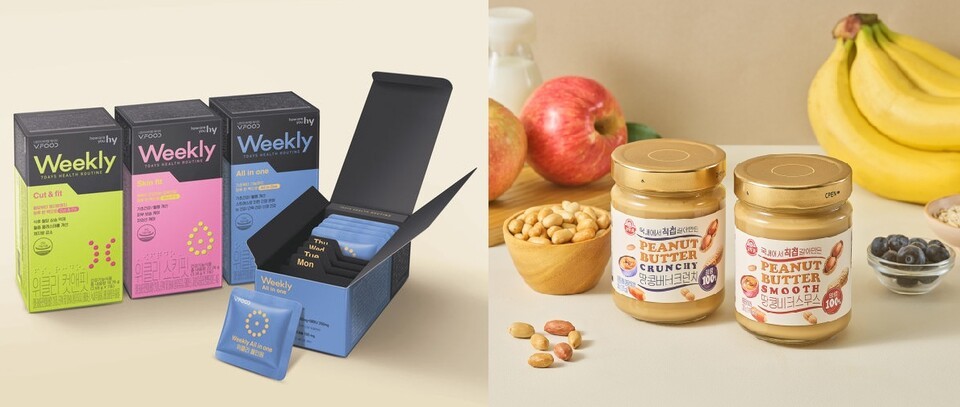 hy '브이푸드 위클리' 3종과 오뚜기 '100% 땅콩버터 크런치·스무스' 2종. (사진=각 사)