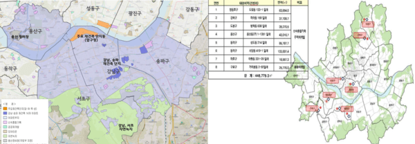 강남3구, 용산구 토허구역 재지정 현황(왼), 신속통합기획 주택재개발 및 공공재개발 토허구역 지정 현황 (사진=국토교통부)