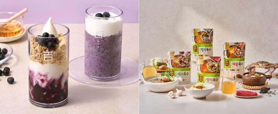 백미당 '유기농 블루베리 시즌 음료' 2종과 풀무원 '요리육수' 4종. (사진=각 사