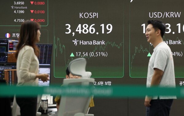 코스피가 3,480대에서 장을 마치며 역대 최고치를 새로 경신한 23일 서울 중구 하나은행 딜링룸 현황판에 코스피 지수가 표시돼있다