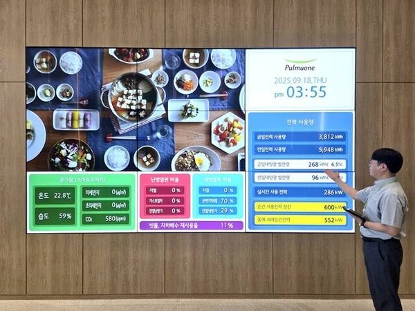 풀무원기술원 담당자가 기술원 로비에 설치된 에너지 사용 현황판을 소개하고 있다. (사진=풀무원)
