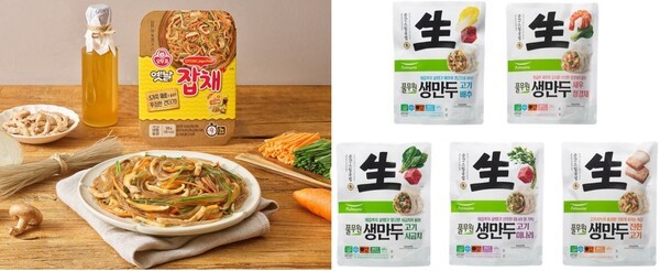 이번 추석 명절을 앞두고 오뚜기가 선보인 간편식 '옛날 잡채'와 풀무원의 '생만두 시리즈'. (사진=각 사)