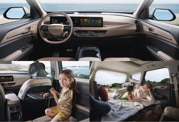 (시계방향으로)기아 EV5 1열, 트렁크 공간, 시트백 테이블 (사진=기아) 