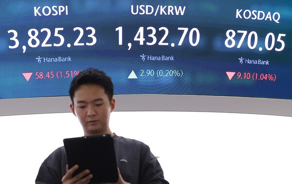 23일 오전 서울 중구 하나은행 본점 딜링룸 현황판에 코스피, 원/달러 환율, 코스닥 지수가 표시돼 있다. (사진=연합뉴스)