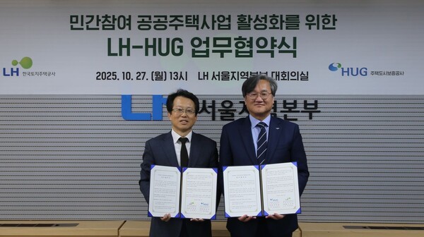 27일 서울 강남구 논현동 한국토지주택공사(LH) 서울지역본부에서 오주헌 LH 공공주택본부장(오른쪽)과 최종원 주택도시보증공사(HUG) 기금사업본부장(왼쪽)이 공공주택 사업에 참여하는 민간 건설사 지원 확대를 위한 업무협약(MOU)을 체결했다. (사진=한국토지주택공사)