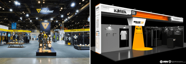 코오롱FnC 볼디스트 '스마트안전보건박람회' 부스전경 (왼쪽), 형지엘리트 윌비워크웨어 '독일 산업안전박람회' 부스전경 (사진=각 사)