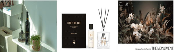 포레나 시그니처 디퓨저와 시그니처 와인(왼쪽부터)와 디에이치 플레이스 디퓨저, THE MONUMENT 향 (사진=한화 건설부문, 현대건설, 대우건설)
