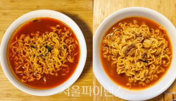 (왼쪽부터) 삼양식품의 '1963 삼양라면'과 농심의 '농심라면'. (사진=박소다 기자)