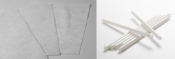 CJ제일제당의 'PHA 적용 부직포 원단' 샘플과 생분해 빨대. (사진=CJ제일제당)